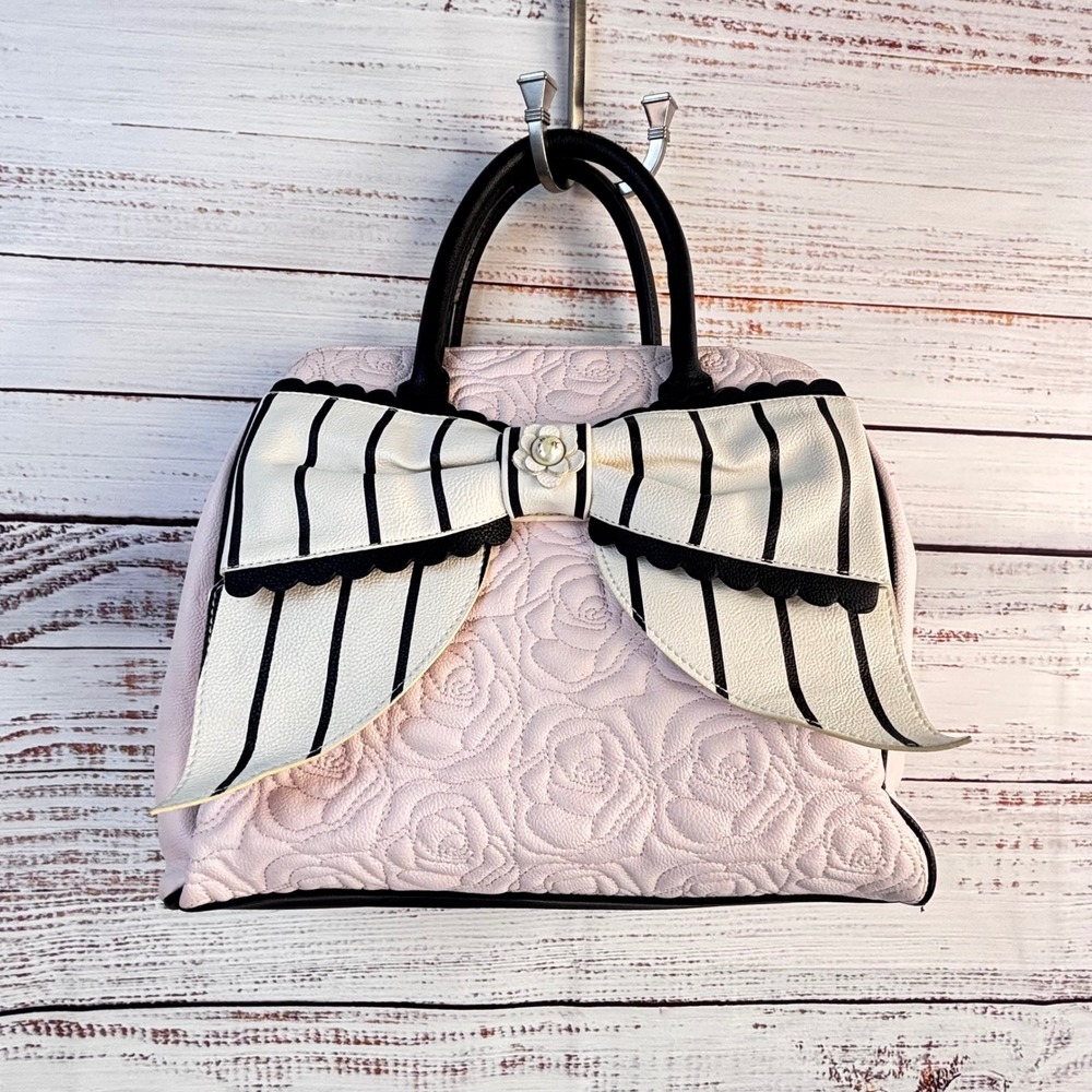 Betsey Johnson Pink Quilted‎ Rose Satchel Bag with Large Striped Bow Fairy Goth - Picture 12 of 16